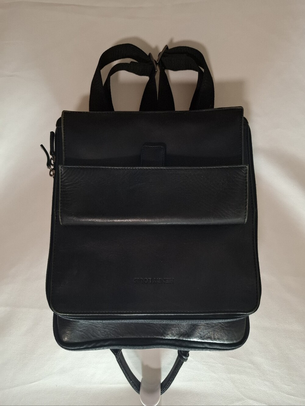 Vintage Henry Louis Structured Black Leather Multi-Pocket Daypack Backpack